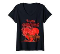 Donna Buon San Valentino Cavalli Cuore Romantico Amore Grafica Maglietta con Collo a V