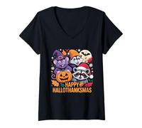 Donna Buone Feste Hallothanksmas con Zucca e Animaletti Maglietta con Collo a V