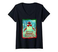 Donna Buone Feste Pinguino Maglietta con Collo a V