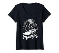 Donna BUONGIORNO Divertente Skelton con caffè in Tomba Meme Maglietta con Collo a V