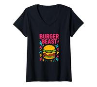 Donna Burger Beast - Divertente Design con Cibo al Neon Maglietta con Collo a V