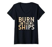 Donna Burn the Ships Patriotic Fourth of July Freedom Maglietta con Collo a V