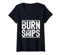 Donna Burn the Ships Patriotic Fourth of July Freedom Maglietta con Collo a V