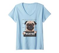 Donna Busted Pug Mugshot Funny Dog Humor Maglietta con Collo a V