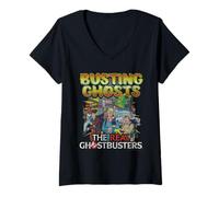 Donna Busting Ghosts Cast Action Scene Classic 80's Cartoon Maglietta con Collo a V