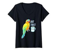 Donna But First Tea - Sun Conure Parrot - Sleepy Bird Acquerello Maglietta con Collo a V