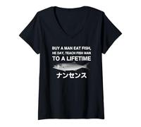 Donna Buy a Man Man Eat Fish He Day Teach Fish Man to a Lifetime Maglietta con Collo a V