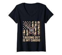 Donna Caccia Tagging out Is My Cardio Camo Bandiera USA Cacciatore di Cervi Maglietta con Collo a V