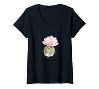 Donna Cactus con Fiori Rosa, Motivo Floreale ad Acquerello Maglietta con Collo a V