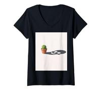 Donna Cactus con Ombra Teschio - Minimal Surreale Still Life Art Maglietta con Collo a V