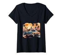 Donna Cadillac Vintage a LA - Vecchia Scuola - Acquerello Maglietta con Collo a V