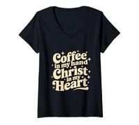 Donna caffè & Gesù Cristo nel Mio Cuore Religioso Christian Girl Maglietta con Collo a V