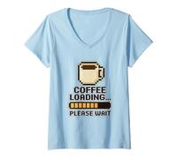 Donna caffè Loading Pixel Art Retro Nerd Gamer Ufficio Regalo Maglietta con Collo a V