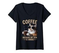 Donna Caffè perché mio figlio è sveglio amante dei gatti, Maglietta con Collo a V