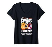 Donna caffè Ukulele Wine Repeat Divertente Musicista Hobby Maglietta con Collo a V