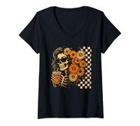 Donna Caffè vintage Cozy Season Skeleton Halloween Floral Boho Maglietta con Collo a V