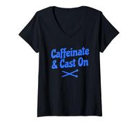 Donna Caffeinate And Cast On Funny Knitting Maglietta con Collo a V