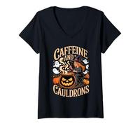 Donna Caffeine And Cauldrons Coffee Witches Ghosts Halloween Maglietta con Collo a V