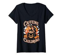 Donna Caffeine And Cauldrons Witches Coffee Potions Halloween Maglietta con Collo a V