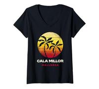 Donna Cala Millor Mallorca Retro Palm Tramonto Spiaggia Tropicale Maglietta con Collo a V