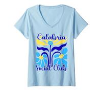 Donna Calabria Social Club Mediterraneo Astratto Boho Fiori Maglietta con Collo a V