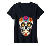 Donna Calavera di Halloween Sugar Skull Maglietta con Collo a V