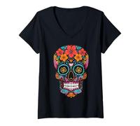Donna Calavera di Halloween Sugar Skull Maglietta con Collo a V