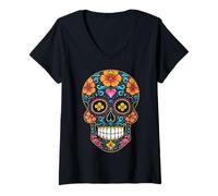 Donna Calavera di Halloween Sugar Skull Maglietta con Collo a V