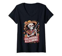 Donna Calavera Messicana Americana - Calibri Pun - Gun Sugar Skull Maglietta con Collo a V