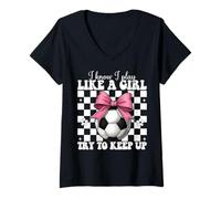 Donna Calcio Ragazza Coquette Fiocco Rosa I Know I Play Like A Girl Maglietta con Collo a V