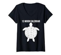 Donna Calendario lunare con 13 Tartarughe lunari e Conchiglie Maglietta con Collo a V