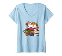 Donna Calico - Gatto che fa un sonnellino sui libri che legge, carino per lettore Maglietta con Collo a V