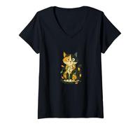 Donna Calico - Luci Natalizie aggrovigliate a Forma di Gatto Maglietta con Collo a V