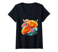 Donna California Papaveri Acquerello Wildflower Vintage Botanico Maglietta con Collo a V