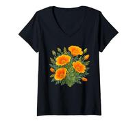 Donna California Papaveri Acquerello Wildflower Vintage Botanico Maglietta con Collo a V