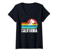 Donna California Surf Tramonto Retro Scena con Onde Maglietta con Collo a V