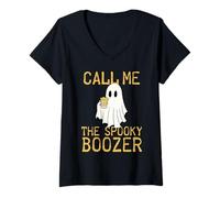 Donna Call Me The Spooky Boozer Cute Ghost Drinking Beer Halloween Maglietta con Collo a V