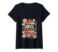 Donna Calligrapher 60s 70s Hippie Retro Peace Love Calligrafia Maglietta con Collo a V