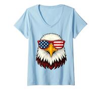 Donna Calvo Aquila Bandiera Americana Occhiali Patriottica 4 luglio Maglietta con Collo a V