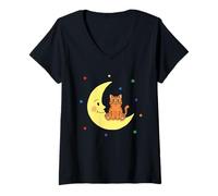 Donna Cameretta per Bambini Sleepy Moon Cat Stars Maglietta con Collo a V