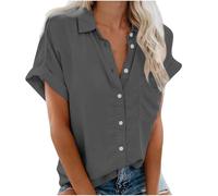 Donna Camicetta in Lino Cotone Estive Camicie Maglietta a Maniche Corte Casual alla Popolare (S 3XL) con Bottone e Tasca da Donna. Magliette da Donna Top Ampia Curvy Camicia Estate (Grey XXXL)