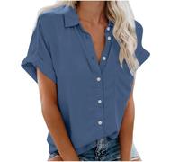 Donna Camicetta in Lino Cotone Estive Camicie Maglietta a Maniche Corte Casual alla Popolare (S 3XL) con Bottone e Tasca da Donna. Magliette da Donna Top Ampia Curvy Camicia Estate e (Blue L)