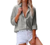 Donna Camicetta in Lino Cotone Leggero Risvolto Lmitation Cotone e Lino Fiammato Manica Lunga Tasca Pulsante Tee Casual Camicetta Popolare Top (S 3XL) Vacanza Maniche Lunghe Lavoro Fantasia (Grey L)