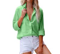 Donna Camicetta in Lino Cotone Leggero Risvolto Lmitation Cotone e Lino Fiammato Manica Lunga Tasca Pulsante Tee Casual Camicetta Popolare Top (S 3XL) Vacanza Maniche Lunghe Lavoro Fantasia (Green M)