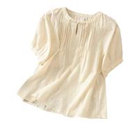 Donna Camicetta in Lino Cotone Primavera Girocollo Scollo Estive Maglietta Comodo Elegante Leggero Casual Blusa Traspirante Moda Classica Top con Bottoni Lavoro Manica Corta Camicia in Lino