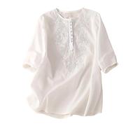 Donna Camicetta in Lino Cotone Primavera Scollo a V Elegante Oversize Maglietta Casual Comodo Estive Leggero Blusa Manica Corta Lavoro Moda Camicia in Lino Classica Traspirante Vintage Camicetta