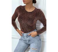 Donna Camicia a Maniche Lunghe con Glitter Leopard-Optik Cognac-Schwarz #S1370