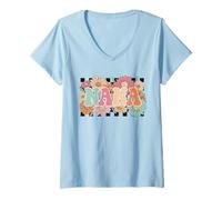 Donna Camicia a scacchi Nana Fiori Pastello Grafica Nonna Maglietta con Collo a V