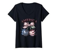 Donna Camicia America Cherry Bow, simpatica bandiera degli Stati Uniti, 4 luglio, festa patriottica Maglietta con Collo a V