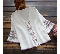Donna Camicia Blusa Misto Cotone Top Floreale Ricamato Rana Bottoni Larga Rétro